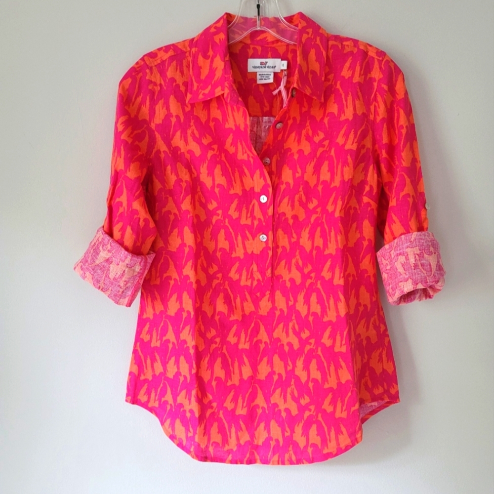 NWT 🦜🦜Linen Vineyard Vines Parrot Bird Popover Shirt, Size 0
